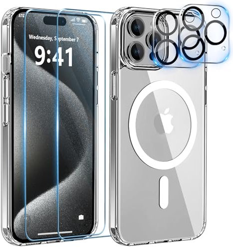 YisrLery 5-in-1 Kompatibel mit iPhone 15 Pro Hülle für Mag Safe mit 2 Stück Panzerfolie und 2 Stück Kameraschutz Militärnorm Schutz, PC Kratzresistente Rückseite Stoßfest Magnetische Hülle - Klar