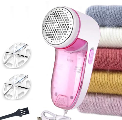 Rasoio USB per tessuti, con 2 lame di ricambio, rimuove efficacemente e rapidamente la peluria per vestiti, maglioni, coperte, tende, divani, lana, cashmere (coltello a 6 foglie)