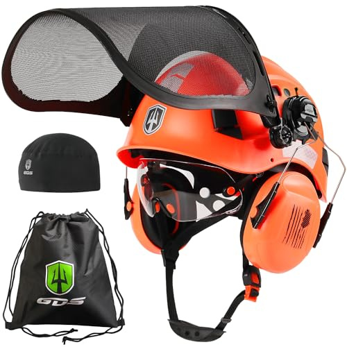 GREEN DEVIL Forestry Chainsaw Safety Helmet with Mesh Face Shield Built-in Visor and Earmuffs 5 in 1 System Vented Arborist Helmet ANSI Z89.1 Hard Hat Logging Garden Work Hardhats for Men Women