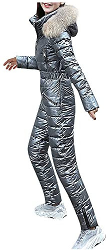 JokeLomple Damen Jumpsuit Skianzug - Einteiliger Schnee-SkianzüGe mit Fellkapuze Skioverall Ski-Anzug Dicker Ski-Anzug Schnee Skianzug Winter Ski Jumpsuit Outdoor Sport Lässig Skisuit