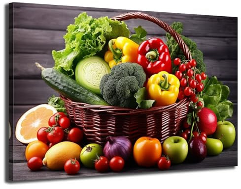 Vegetables Kitchen Canvas Wall Art Picture Print Fresh Fruit in the Basket Poster Framed Vintage Food Pictures for Home Dining Room Decoration,Ready to Hang