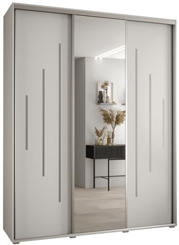 MEBLE KRYSPOL Davos 13 200 Schrank mit DREI Schiebetüren für Schlafzimmer - Moderner Kleiderschrank mit Spiegel, Kleiderstange und Regalen - 235,2x200x60 cm - Weiß Weiß Silber
