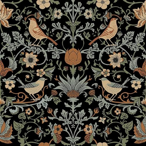 FunStick 44.5CM×9M Papier Peint Fleuri Oiseaux Vintage Papier Peint Adhesif Mural Noir Chambre Cuisine Papier Autocollant pour Meuble Fleur Cuisine Armoire Rouleau Adhesif Decoratif pour Meuble Noir