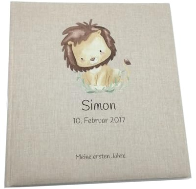 Tenii® Fotoalbum personalisiert Baby, Kind Löwe Leinen, Erinnerungsalbum (30x31cm - 100 Seiten)