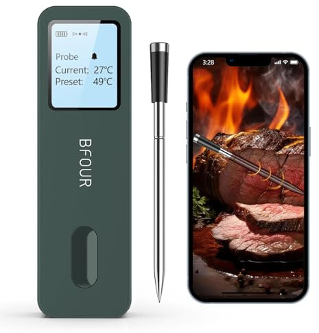 BFOUR Grilltermometer köttermometer trådlös, Bluetooth-mättermometer, stor display, smart appkontroll, stektermometer från grill, ugn, röker, fritös