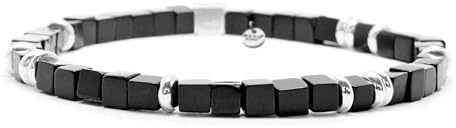 Nato Cuff - 925 Sterling Silber Armband - Platz Onyx Perlen Halbedelsteine ​- Herren und Damen schmuck Handgefertigt in Frankreich (Large 19cm)