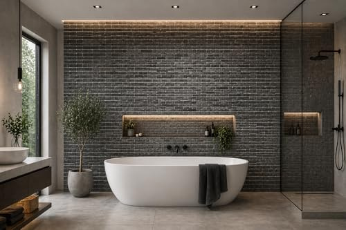 Shower Panel 1000mm Wide x 2.4m Wet Wall Bathroom Cladding PVC 10mm Thick (Grey Brick Matt 1m)