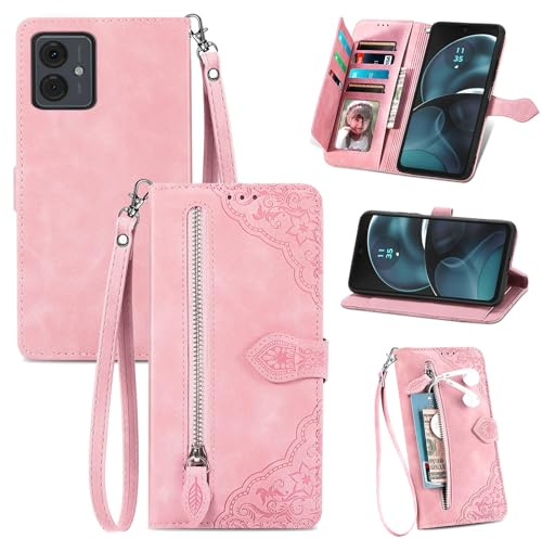 JayModCase Funda para Motorola Moto G14, Tipo Cartera Cuero Flip Carcasa Protectora, con Ranuras para Tarjetas Cierre magnético función Atril Estuche para Moto G14 - Rosa