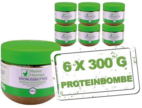 MeineHennen Erdnussbutter für Hühner 6 x 300 g Hühnersnack Leckerli zur Belohnung und Beschäftigung für Geflügel streichfähig im Becher leicht zu portionieren Futterabwechslung pur