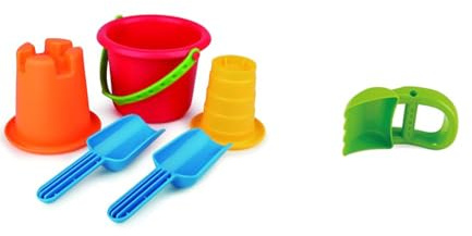 Hape 5-in-1 Strandset Sandspielzeug mit 2 Schaufeln, Eimer, Sieb und Förmchen, ab 18Monaten & E4073 Handbagger, Grün