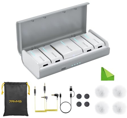 7RYMS iRay DW40 Wireless Lavalier Microphone for Interview Video Vlog-White | with Four Transmitters One Charging Case Support AI Denoise, 48kHz/24bit Recording for Podcasting Live Streaming