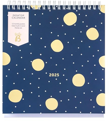 Busy B - Calendrier de bureau 2025 - Janvier à Décembre - Pois Marine & Or - Calendrier 2025 avec support intégré et reliure à rabat - Calendrier de travail A5 pour le bureau ou la maison