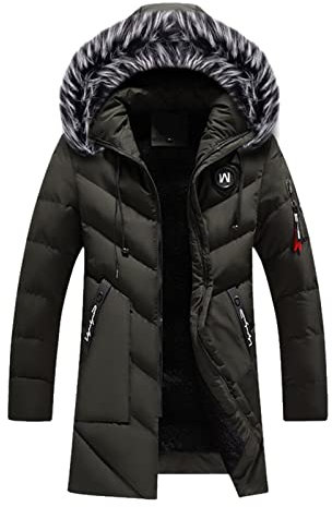 Autumn&Winter Herren Einfarbiger Kragen Lange Kapuzenjacke Herren Echt Lammfell Mantel Herren (Army Green, XL)