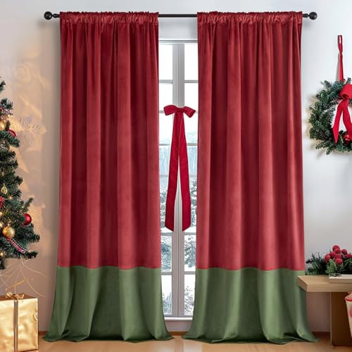 Tokusyou Weihnachten Samt Vorhang Gardinen Blickdicht 2er Set Verdunklungsvorhänge Kräuselband Weihnachtsgardinen Rot Grün Velvet Thermovorhang für Wohnzimmer Schlafzimmer Winter, B132 × H160 cm