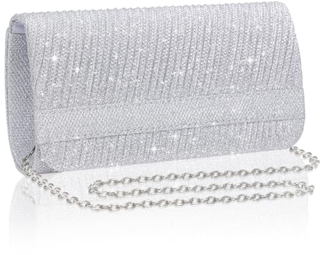 Larcenciel Pochette Donna, Pochette Argento Cerimonia Lucido con Catena, Clutch Donna in Twill Borsa da Sera con Paillettes, Elegante Borsa a Tracolla per Matrimoni, Feste, Cocktail, 20x11x6 CM