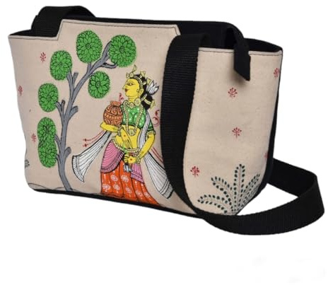 Traditional Pattachitra Art Canvas Crossbody Bag - Indian Folk Painting Design with Beige Canvas & Black Adjustable Straps