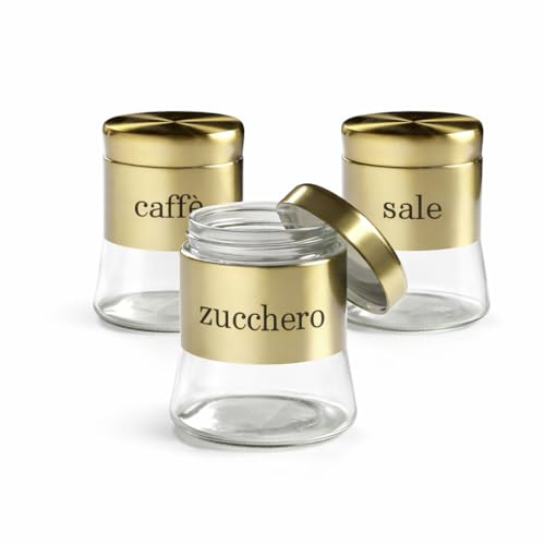 MECSAL CASALINGHI Set 3 Barattoli in Vetro 750 ml per Sale, Zucchero e Caffè – Contenitori con Coperchio – Eleganti, Resistenti, Ideali per la Cucina, Vari Colori (ORO)