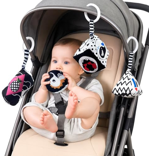 DIFLAX 4 Stück Kinderwagen Hängespielzeug, Schwarz-Weiss Spielzeug, Kontrast Spielzeug, Baby-Hängespielzeug, Sensorik Spielzeug, Neugeborenen, Montessori, Kinderwagenkette (4 Stile)