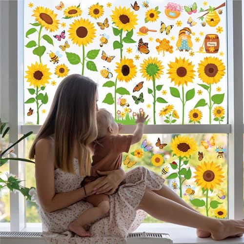 95PCS Sunflower Window Stickers for Glass, Window Decorations for Classroom and Children's Room,Sunflowers Bees Butterflies Flowers Static Stickers, Living Room Window Glass Stickers