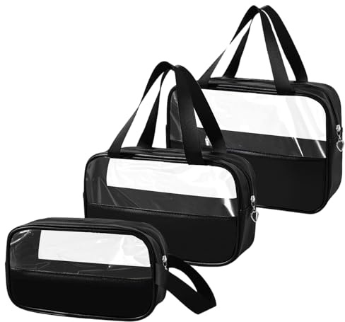 3 Stück Wash Bag Travel, PVC-PU Kulturbeutel Transparent Wasserdicht, Reise Kosmetiktasche Durchsichtig, Transparente Kulturtasche mit Tragegriff, Kulturbeutel Herren Damen Groß für Badezimmer, Reisen