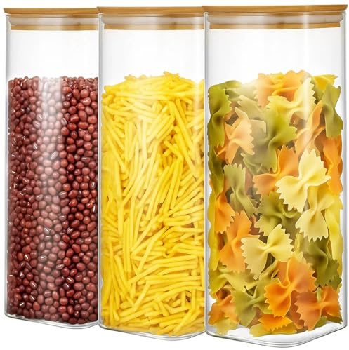 SUNNYNEST 3pcs Large Glass Storage Jars with Airtight Lids -2100ml Clear Pantry Organizer Containers for Spaghetti, Pasta, Cereal, Flour, Rice & Dry Food, Kitchen Countertop Canisters (2100ml 3PCS)