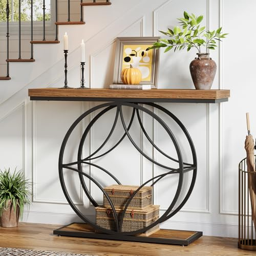Tribesigns Table console industrielle à 2 niveaux de 120 cm avec cadre géométrique en métal - Tables d'entrée accentuées avec étagère pour salon, derrière le canapé, petits espaces, marron rustique