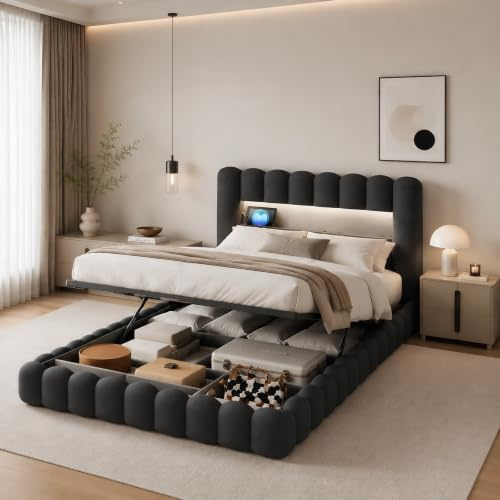 Bubble Bett 140x200 Mit Bettkasten, Polsterbett Doppelbett Mit Hydraulisch Stauraum, Stauraumbett Mit LED Und USB Ladefunktion, Jugendbett Bettgestell Mit Lattenrost, Leinen, Ohne Matratze, Grau