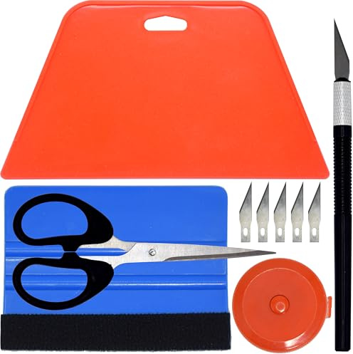 Wallpaper tool kit, Including: Large red scraper, Blue medium hardness felt scraper, Utility knife, Tape measure, Scissors. Widely used in wallpapering, woodworking glass window film installation.