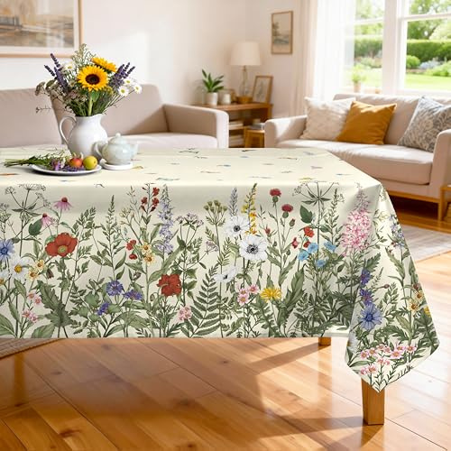 Arquiel Polyester Tischdecke mit Gras Wildblumen, Waschbar, 152 x 264 cm | Wiederverwendbare, Waschbare Polyester Tischdecke mit Grün Löwenzahn Floralemuster für Küche, Esszimmer Tischdeko
