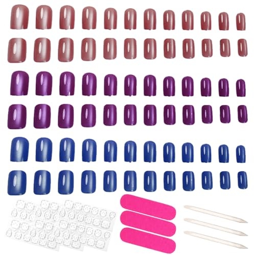 MLPKOI 3Set Press on Nails Kurz Eckig, Künstliche Fingernägel zum Aufkleben, Fake Nails Katzenaugen, Full Cover Künstliche Nägel für Halloween und Weihnachten Frauen Mädchen Nail Art(Lila, Rosa, Blau)