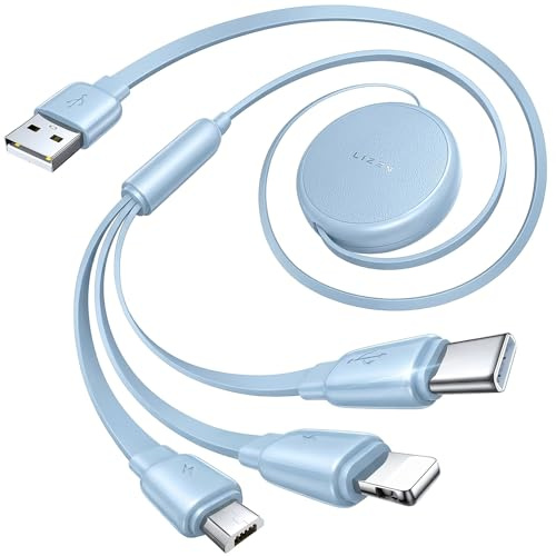 LISEN Multi Charger Cable, Retractable USB C to USB Charging Cable 3 in 1 Charger Lighting/Micro USB Cable, Travel Chargers for Multiple Devices for iPhone 17 16 15 14 Pro/Galaxy S25/Switch2, Cerulean