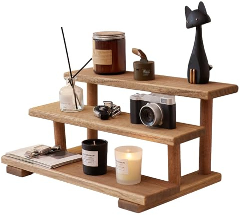 KIRIGRN 3-Etagen Holzregal aus Paulownienholz, Platzsparendes Tischregal, Multifunktionales Dekorationsregal für Wohnzimmer, Küche, Schlafzimmer, Handgefertigt, Leicht, Modernes Design (Dunkelbraun)