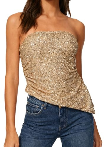 SANSIWU Sexy trägerloses Pailletten-Top für Damen mit asymmetrischem Saum, Seitenschlitz, glitzerndem Bandeau, metallischem Rave-Korsett-Top, Party-Clubwear