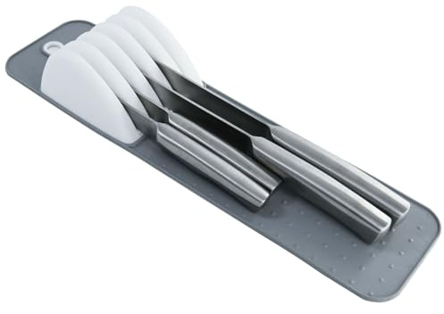 Vassoio organizer per cassetto portacoltelli a 5 scomparti – Sottile inserto portacoltelli da cassetto con tappetino antiscivolo, compatto per riporre i coltelli da cucina (grigio e bianco)