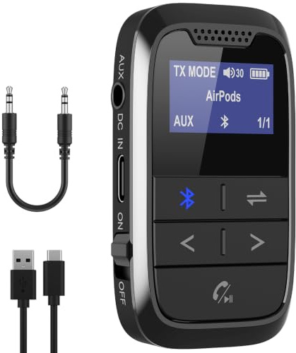 Ainostone 20H Bluetooth 5.3 Flugzeug Adapter mit Display 2 auf 1 Bluetooth Sender Klinke für Airplane Low Latency Surpport 2 BT Kopfhörer für TV, Fitness, Stereoanlage, Auto
