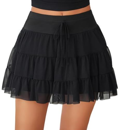 Avidlove Women's Pleated Mini Skirt Flowy Ruffle Mesh Basic Short Skirt | Stoff Lace, High Waist A Line Design, Miniskirt with drawstring, Sommer Beach, Streetwear, Rave Party Festival Outfit