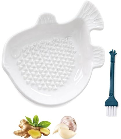Ceramic Garlic Grater Plate with Brush, Ginger Grater Tool for Kitchen | Handmade Ceramic Surface Quickly Grates Garlic, Ginger and Turmeric, Includes Brush for Easy Cleaning and Kitchen Preparation