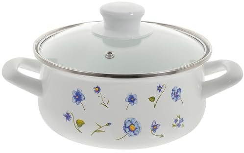 Hoement Enamel Cooking Pot with Double Handles 1.5l Retro Style Home Cooking Pot for Soup and Seafood, Wear-Resistant with Uniform Heating and Flat Bottom Design