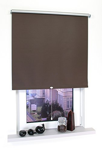 deko-raumshop Verdunkelungsrollo Springrollo Mittelzugrollo Schnapprollo Thermo Rollo Breite 60 bis 200 cm lichtundurchlässig verdunkelnd Beschichtung Silber Hitzeschutz (92 x 180 cm, Braun)