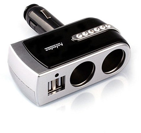 Dubens 2 USB Charger + 2 Socket Cigarette Lighter Extender Splitter Double Plug Socket with 12 V/24 V for iPhone GPS Mobile Phone