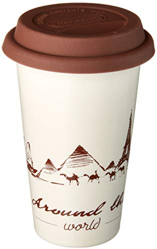 De'Longhi Mug de voyage isotherme en céramique à double paroi + couvercle en silicone, 300 ml, thème globetrotter
