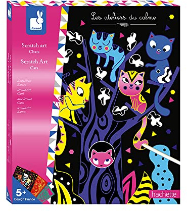Janod - Scratch Art Cats - Les Ateliers du Calme - Childrens Creative Leisure Kit - Encourages Fine Motor Skills and Creativity - Suitable for ages 5 and up - J07894