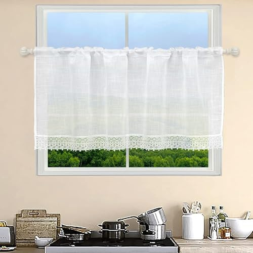 choicehot Kurzgardinen Landhausstil Scheibengardine Leinen Bistrogardine - 90 cm Hoch Gardinen für Küche Fensterschal mit Bestickte Weiß Halbtransparente 1 Stück 90x120 cm (H x B)