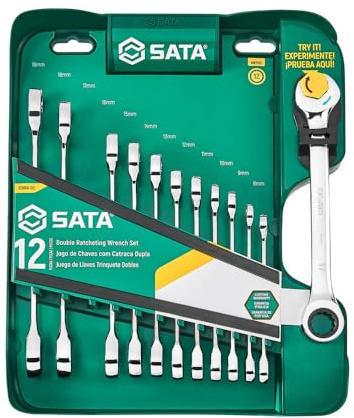 SATA ST09066-02 12-Piece Metric Double Ratcheting Wrench/Spanner Set, Polished, 8mm - 19mm, with Storage Rack