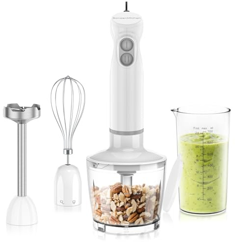 Bonsenkitchen Mixeur plongeant 4 en 1, 1000 W, presse-purée en acier inoxydable avec Hachoir, verre Doseur et Fouet, batteur manuel, 2 vitesses, sans BPA