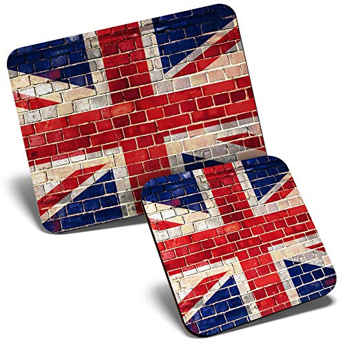 Mouse Mat & Coaster Set - Union Jack Brick Wall United Kingdom 23.5 x 19.6 cm & 9 x 9 cm for Computer & Laptop, Office, Gift, Non-slip Base #8308