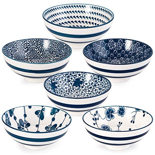 Foraineam Set of 6 Chinese Style Porcelain Cereal Bowls 240ml Blue and White Floral Small Ceramic Bowls Set Japanese Style Soup Bowls for Sushi,Sauce,Snack and Rice