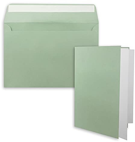 200x Faltkarten-Set DIN A5 in Eukalyptus (Grün) mit Briefumschlägen DIN C5 Haftklebung inkl. passendem Einlege-Papier - für große Einladungen und Karten zum Geburtstag oder Hochzeit