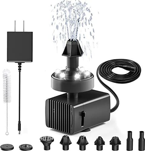 Jutai Wasserbrunnenpumpe mit LED-Licht, 24 Stunden Betrieb, für Vogelbad, Garten, kleines Aquarium, Teich, 4,8 m Netzkabel, Adapter im Lieferumfang enthalten (weiß)