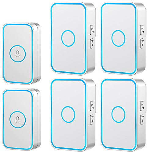 Timbre inalámbrico IP55 resistente al agua, kit de timbre de puerta con 4 receptores enchufables y 2 transmisores, destellos LED/antiinterferencias, 984 pies (300 m), 5 niveles de volumen, rango de
